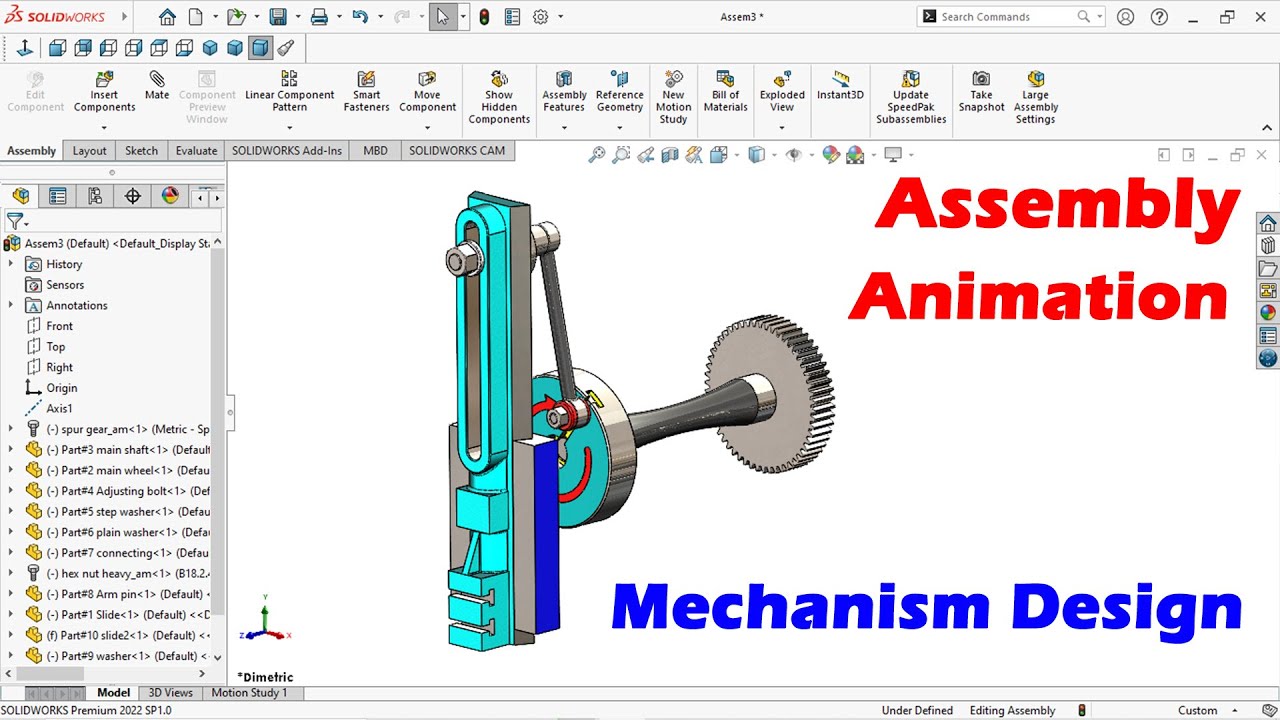 Solidworks mechanism tutorial | Design of Slotting machine | Parts assembly and animation
