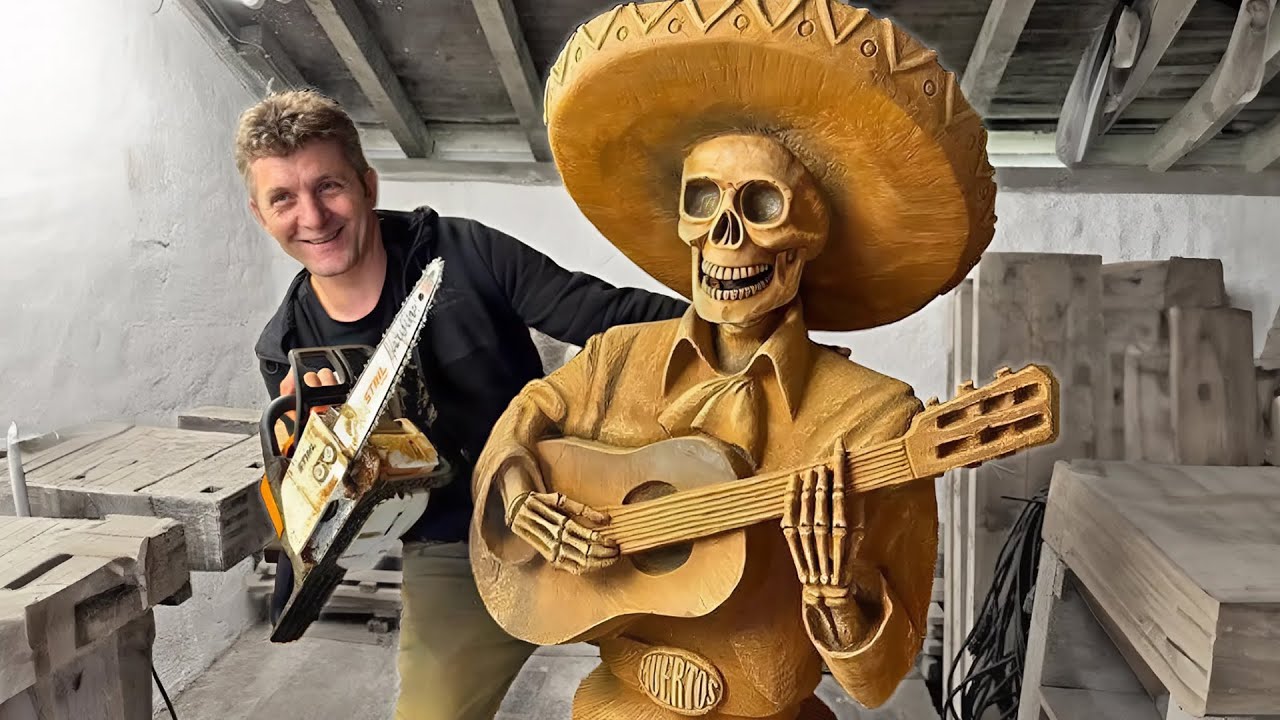 AMAZING CHAINSAW wood carving, Skeleton with Guitar