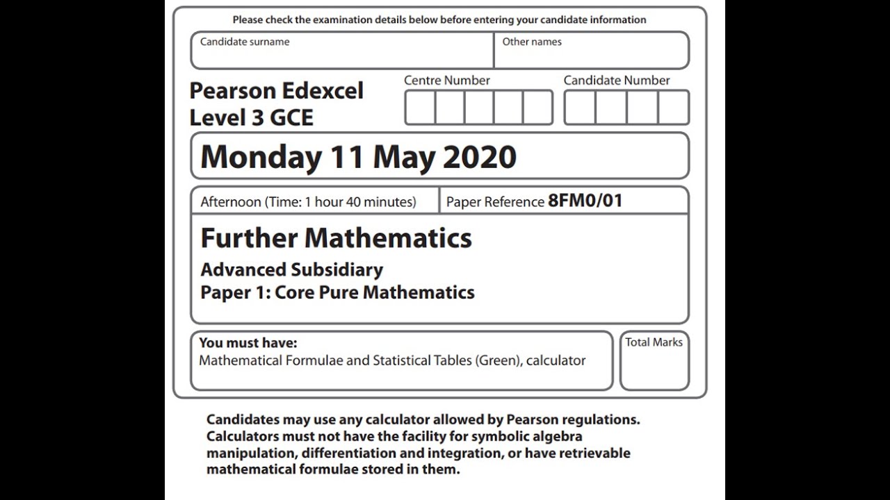 AS Core Pure 2020 Pearson Edexcel  Further maths