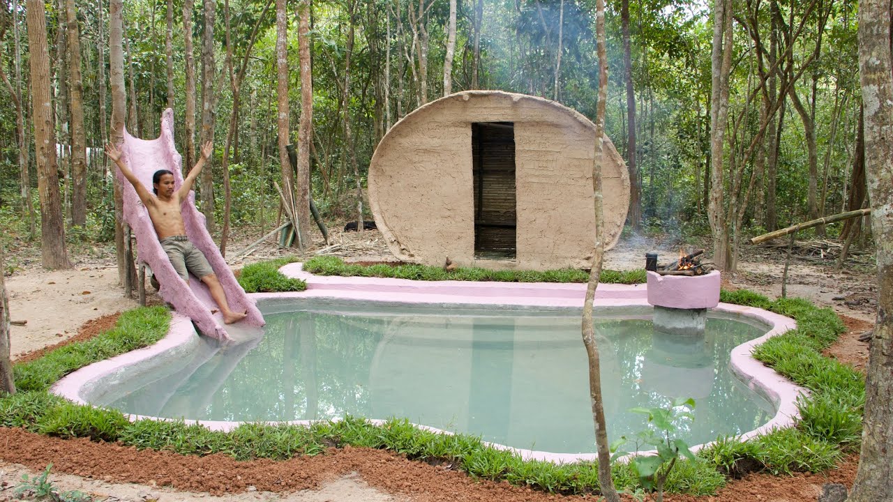 Building an Underground House with a Water Slide and Swimming Pool | Primitive Builder Skills