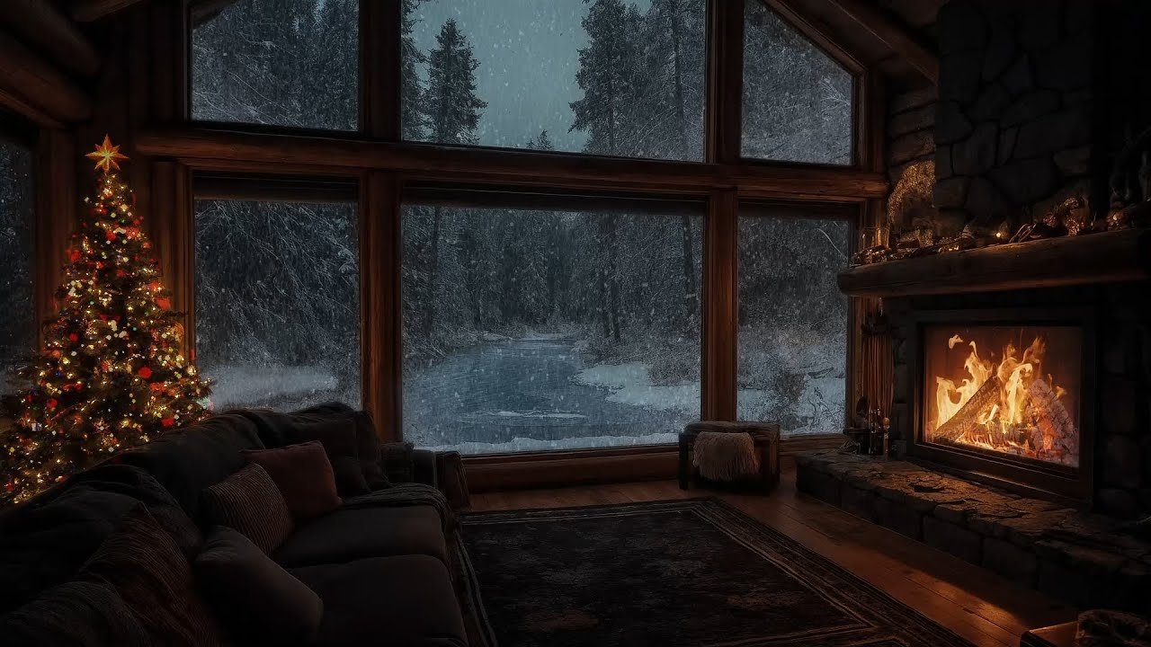 Relaxing Winter Ambience by the Lakeside💤 Fireplace Crackling & Snowfall Outside the Window (No Ads)