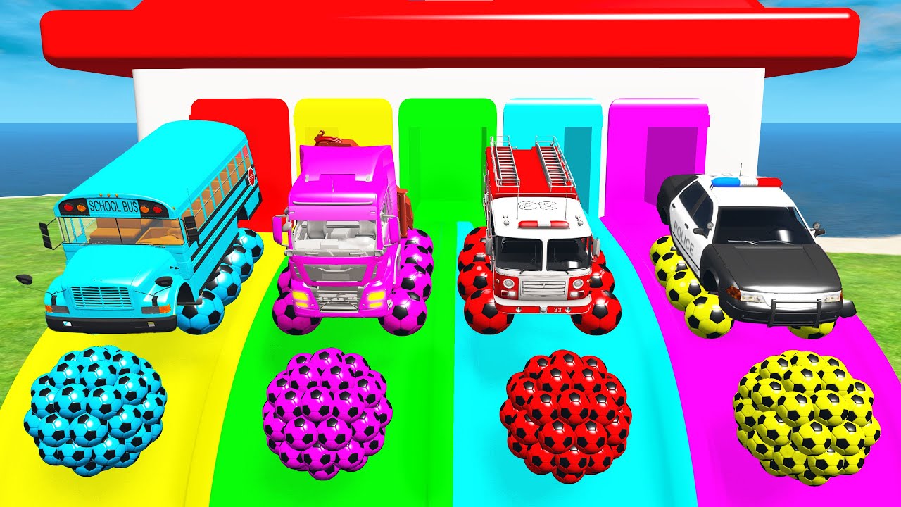 LONG CARS vs Funny Cars with Slide Color - Cars vs Wheel Balls with Recuse   Bus - BeamNG.Drive