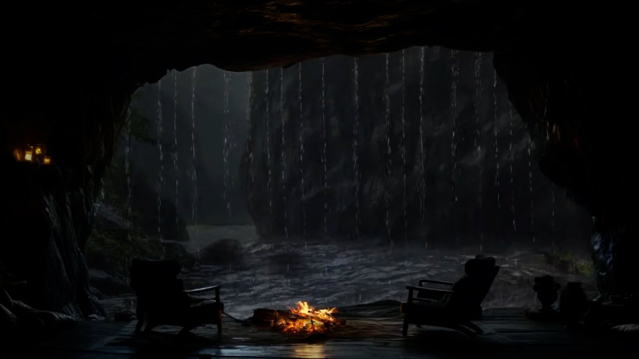 12 Hours in a Rainy Cave 🌧️ Staying Cozy by the Fire During a Heavy Storm 🔥 Relax & Unwind