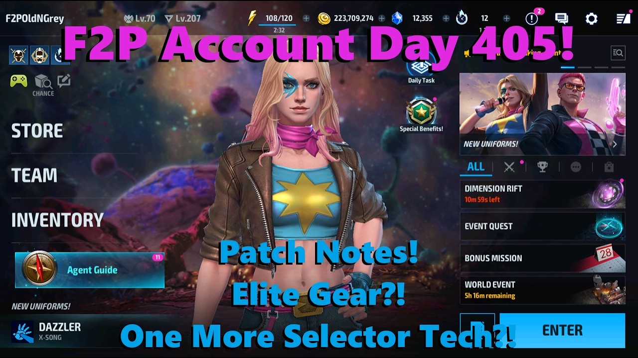 Marvel Future Fight: F2P Account Day 405!  Patch Notes! Elite Gear?! One More Selector Tech?! 📝🤓⚙️