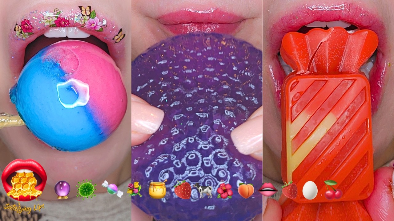Satisfying ASMR Eating Sounds Emoji Food Challenge Jello Jelly Wax Candy