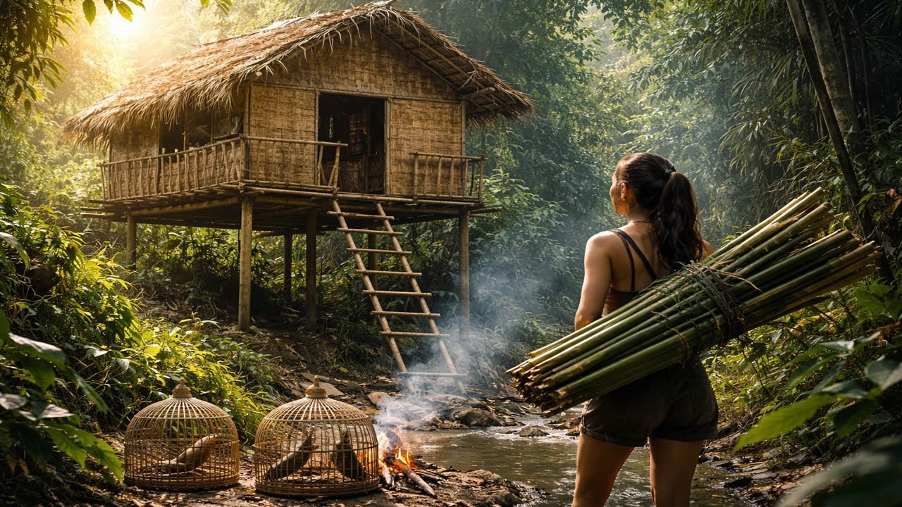 🎥 Forest Ghost! 😱 Solo Girl’s Secret Bamboo Fort & Bird Trap 🎋🏹