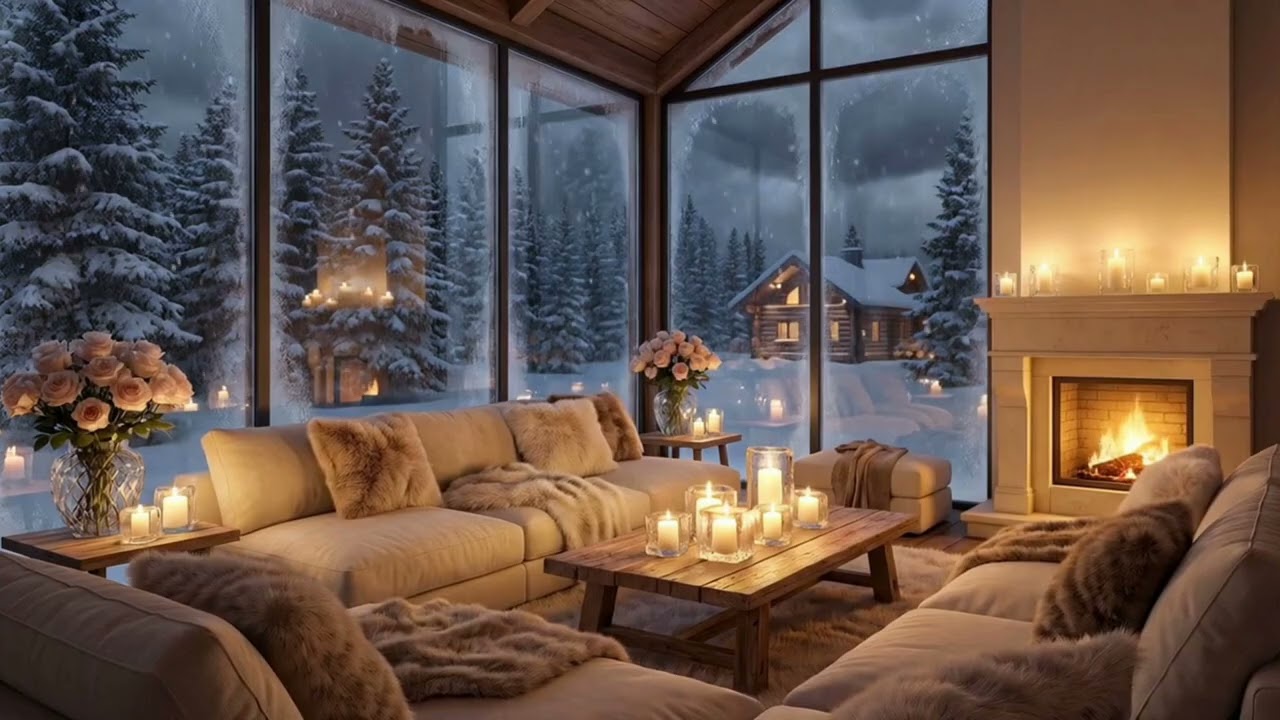 🌸🔥 Cozy White Lounge Piano | 8 Hours Fireplace & Falling Snow | Sleep Relax Focus Study Meditation