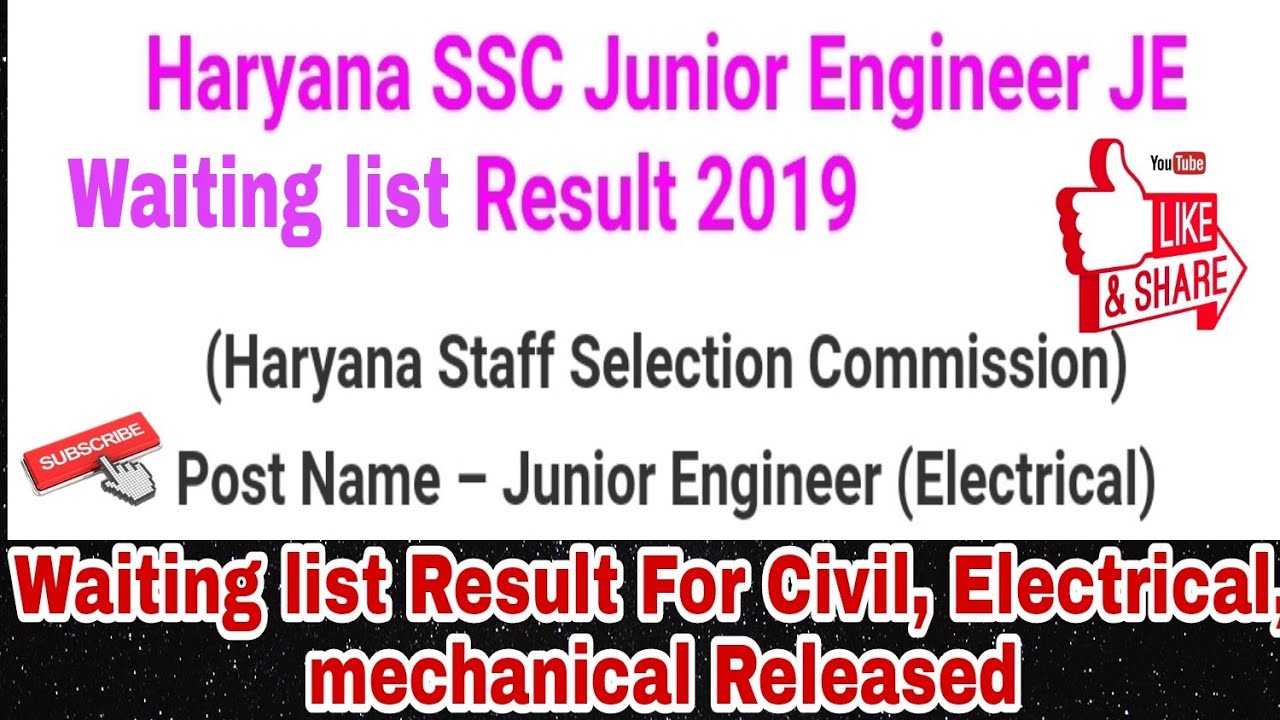 Haryana SSC Junior Engineer JE Waiting list Result  Released