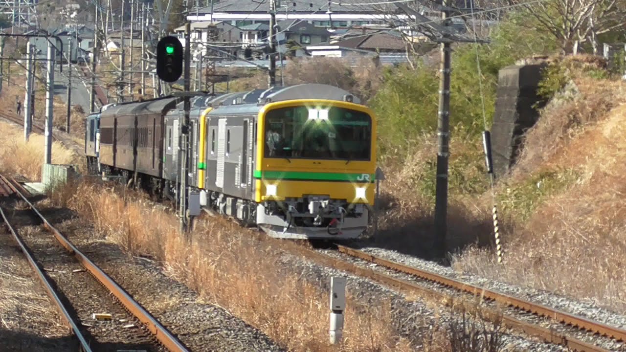 2025年2月26日　試運転　松井田駅停車！　25‰(パーミル)の連続勾配区間をゆっくり降りてきた！　GV-E197系 TS08編成＋旧型客車3両＋電気機関車EF64 1053　JR信越線 松井田駅