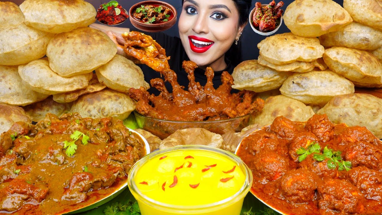 ASMR Eating Spicy Mutton Kaleji Bhuna,Chicken Tikka curry,Egg Fry,Poori Masala ASMR Eating Mukbang
