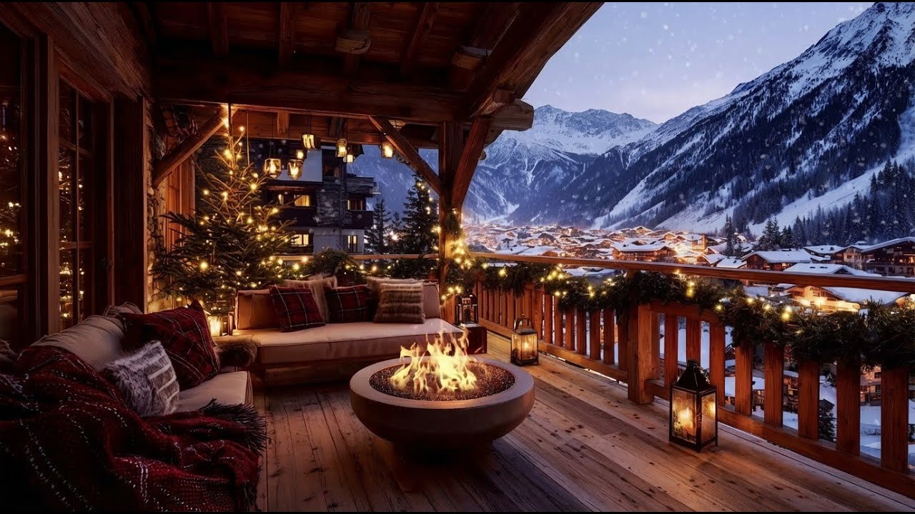 Winter Mountain Terrace | Outdoor Fireplace & Cozy Night Sounds | Winter Cabin Ambience 4K