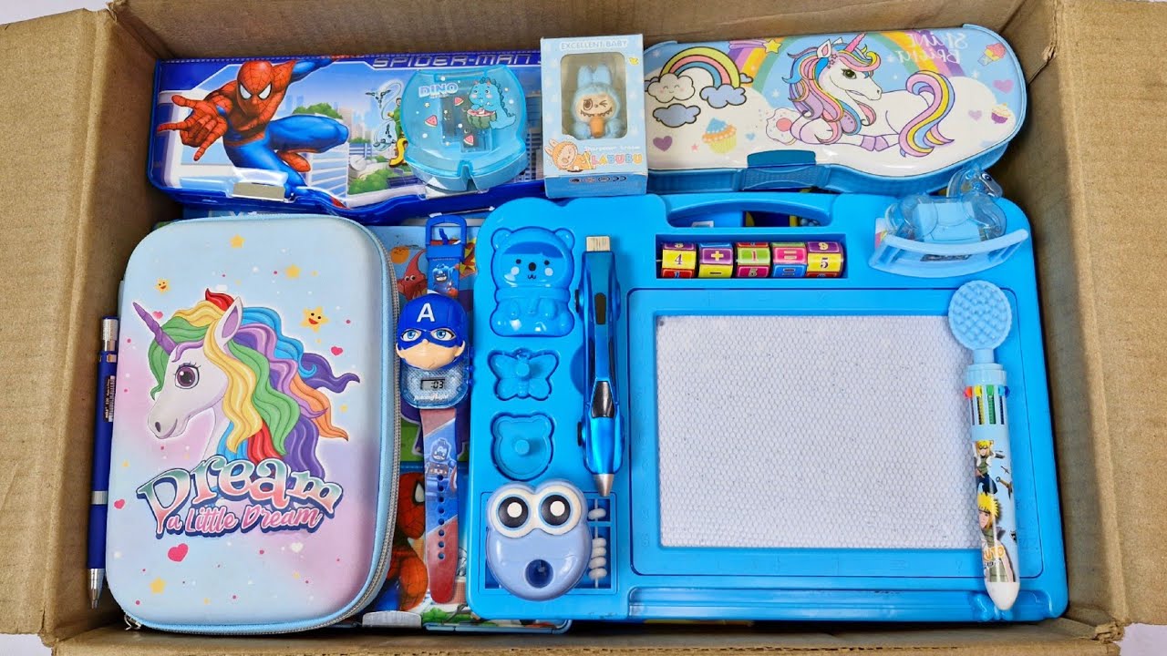Ultimate BLUE Stationery Collection🩵Geometry, Coloring kit, Board, Sharpener, Bottle, Lunchbox, Pen