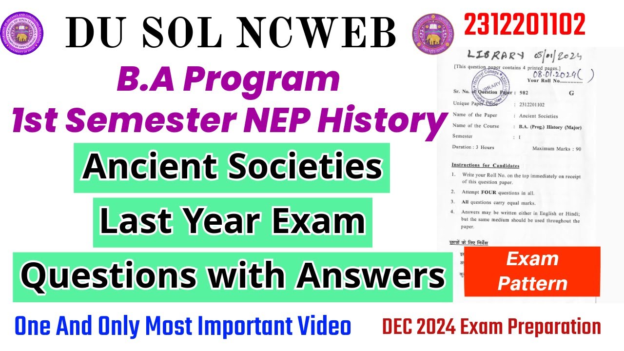 DU SOL 1st Semester History Ancient Societies Exam Important Questions with Answers 2312201102 #sol