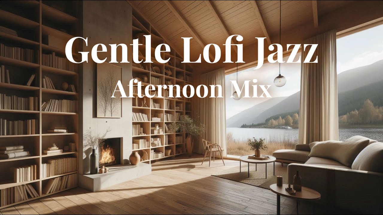 Gentle Lofi Jazz Afternoon – Cozy Fireplace & Lake View Ambience for Relaxation, Study & Work