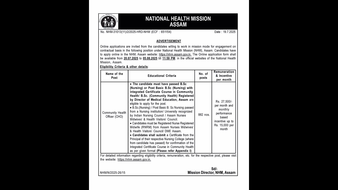 NHM Assam CHO Recruitment 2025 Notification Out for 882 Posts