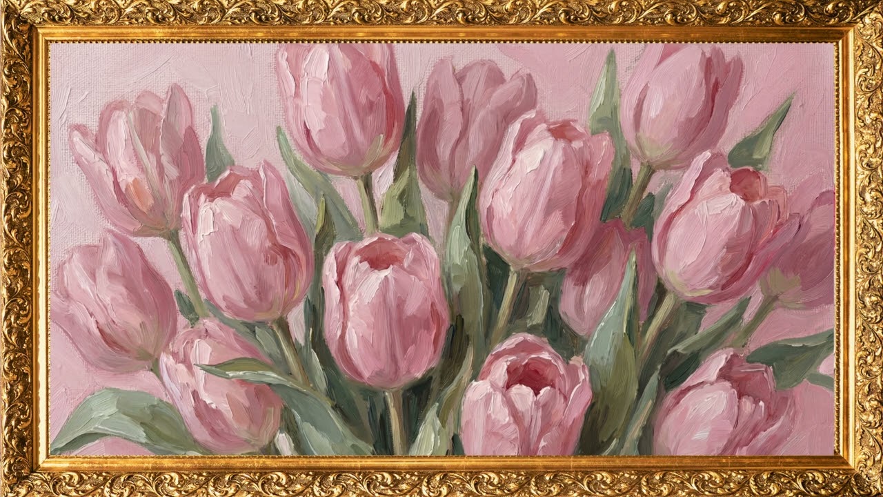 Pink Tulips Oil Painting Frame TV Art | 2 Hours | No Music | Soft Spring Romantic TV Screensaver