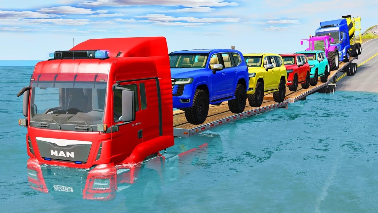 Triple Flatbed Trailer McQueen Transportation with Truck - Speedbumps vs Cars vs Train - BeamNG #