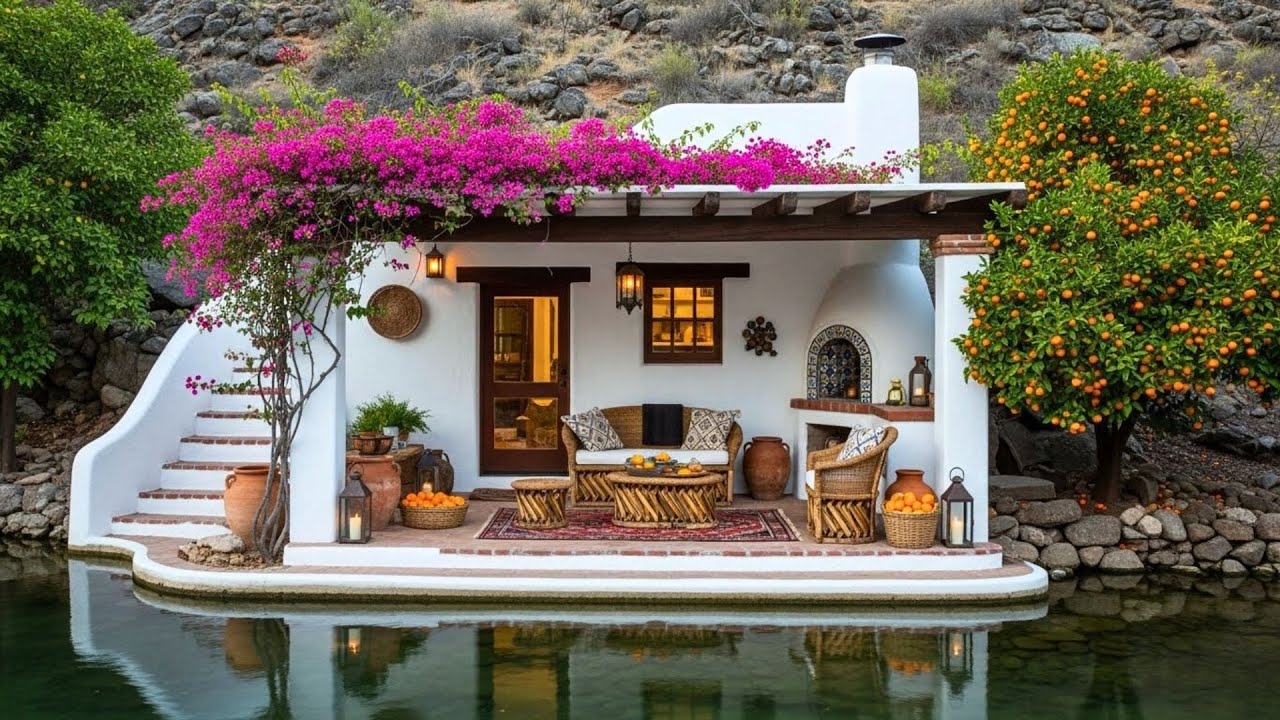 47 Dreamy Hacienda Tiny House With Outdoor Living, Lakeside Patio, Bougainvillea, And Wood Fired Ove