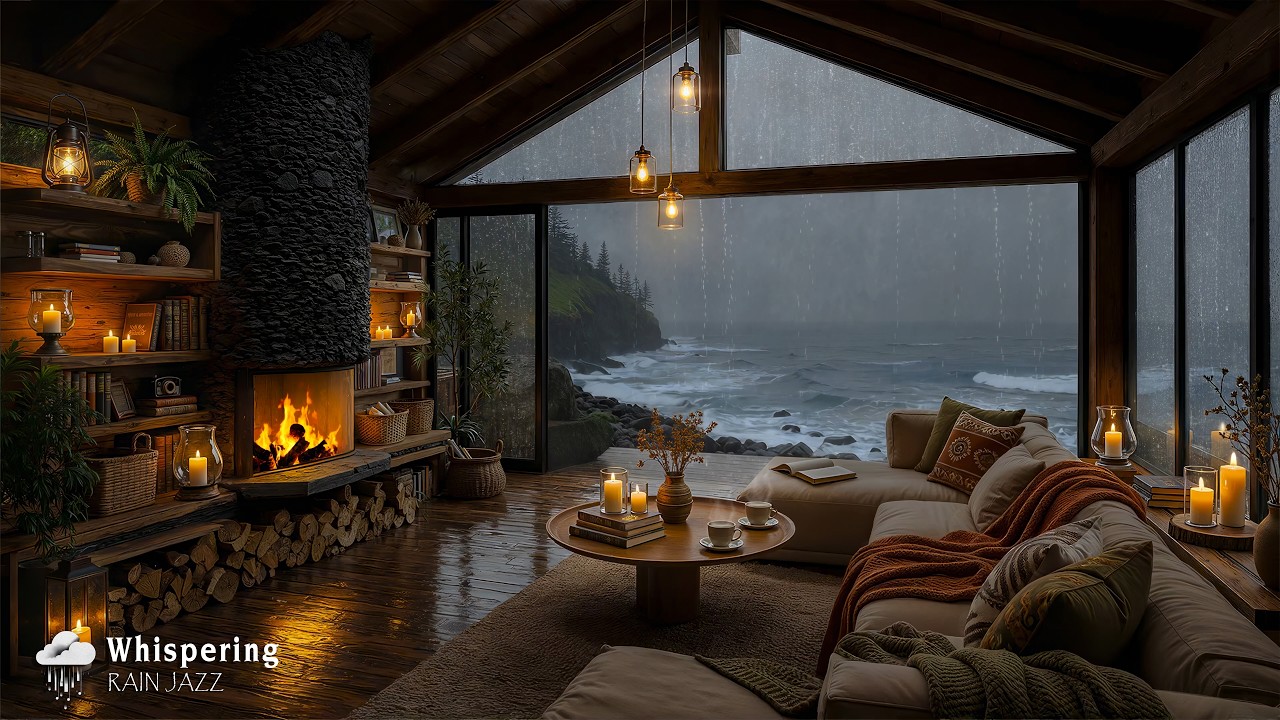 Peaceful Rainy Day with Warm Jazz Instrumental 🌧️ Seaside Cabin Ambience to Soothe the Soul