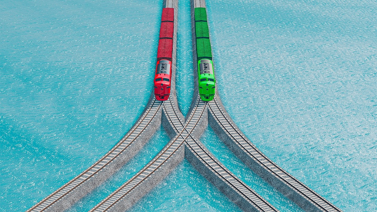Double Colorful Trains Vs Double Y Impossible Weird Rails Tracks Crossing Deepwater | BeamNG.drive