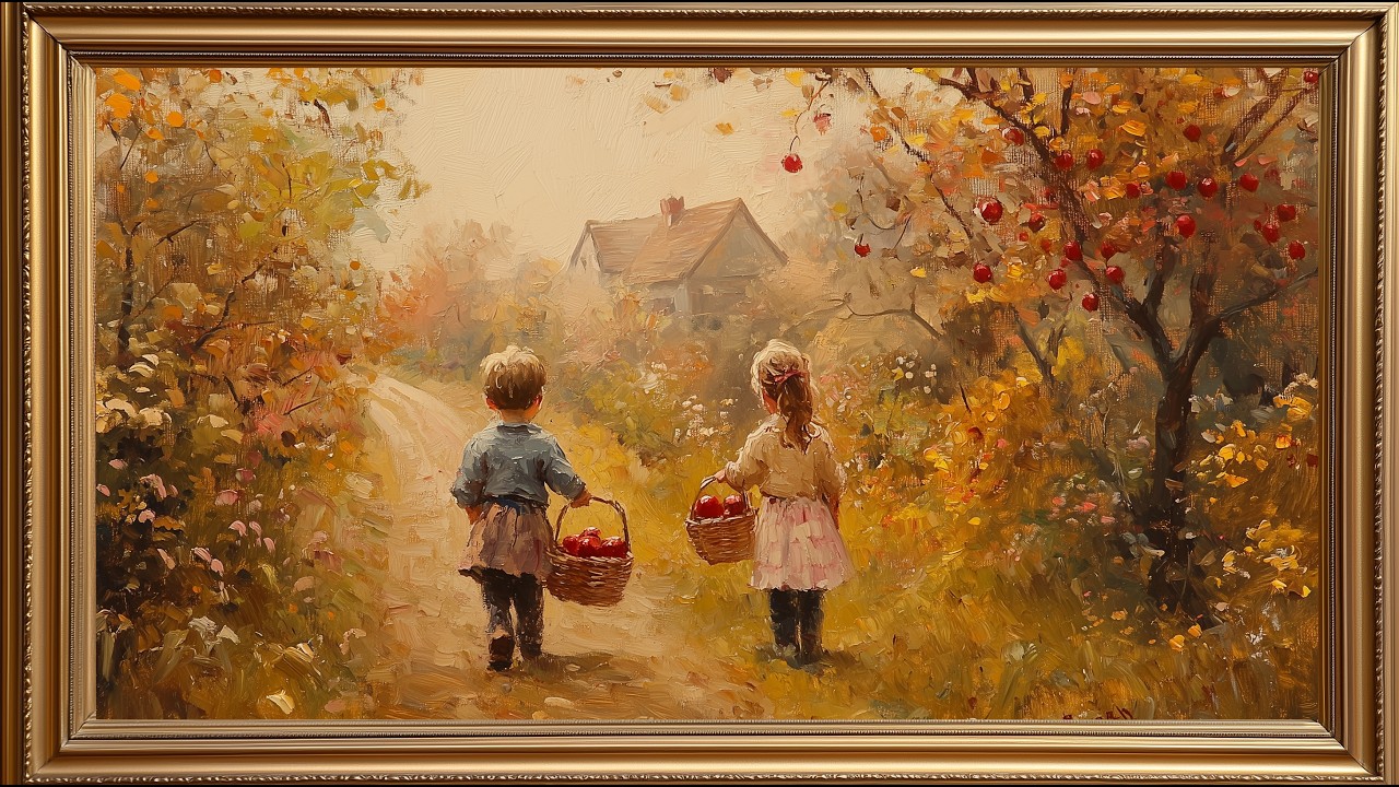 Vintage Children Apple Picking Oil Painting | Fall Frame TV Art 4K | Autumn Country Harvest Display