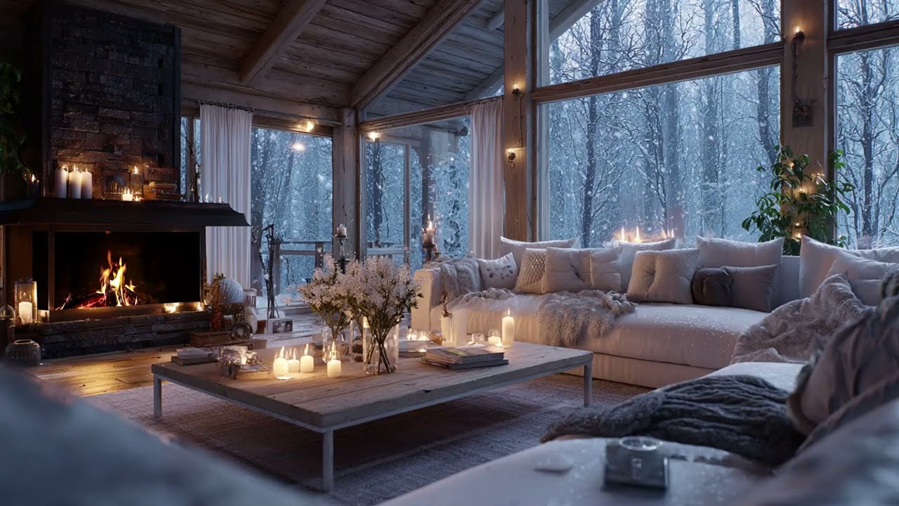 Gentle Winter Piano With Falling Snow And Crackling Fireplace Sounds For Calm Sleep And Relaxation