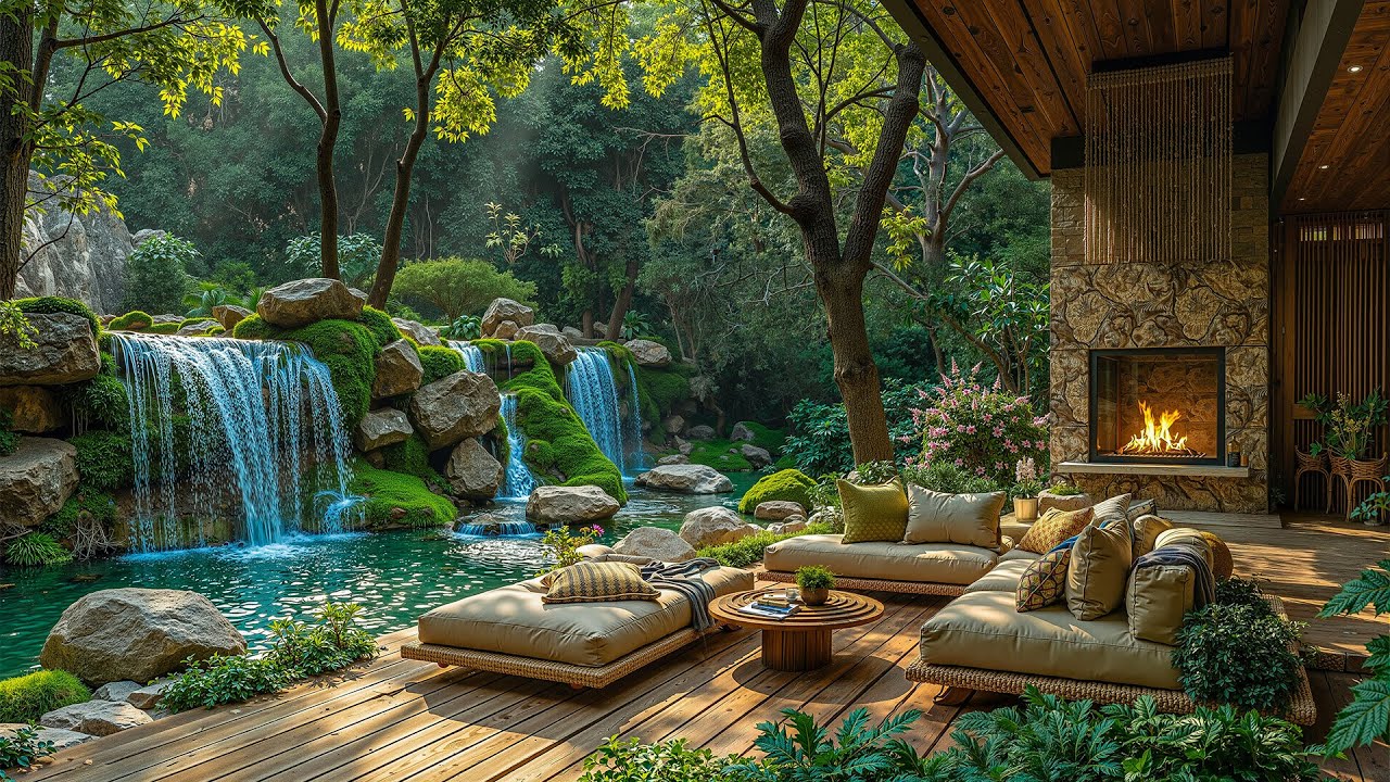 Quiet Coffee Jazz on a Forest Porch with Waterfall View 🌿 Spring Jazz for Focus & Relaxation