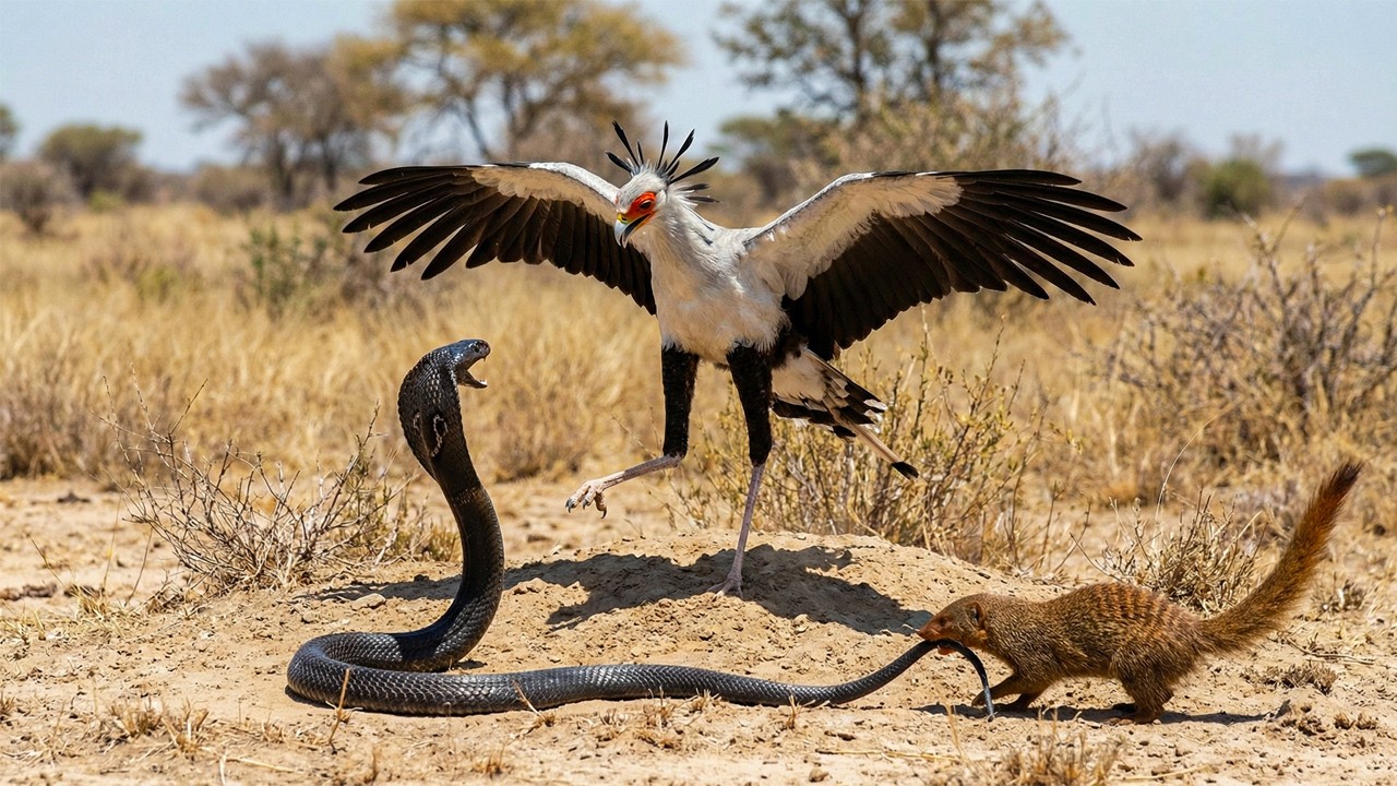 Secretary Bird & Mongoose vs King Cobra! Deadliest Savanna Snake Battle.