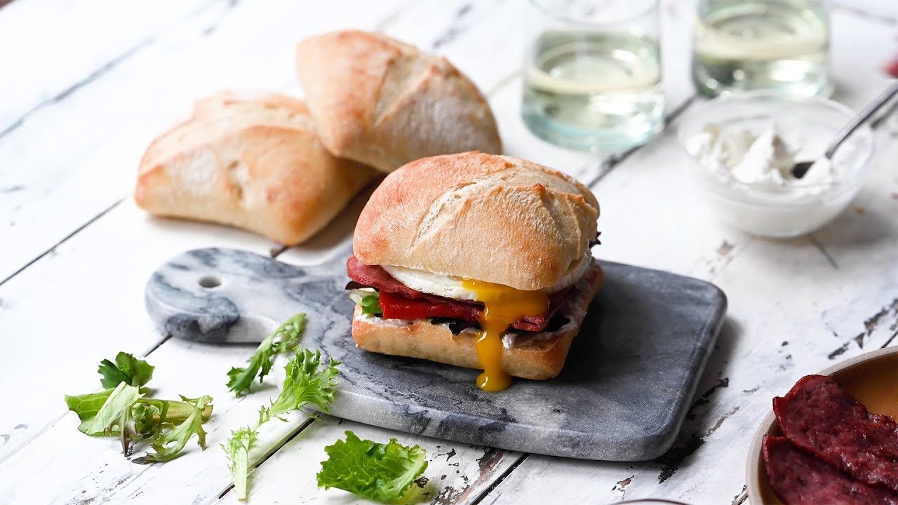 Bacon, Egg, & Cheese Ciabatta Sandwich w/ Godshall's Angus Steak Bacon