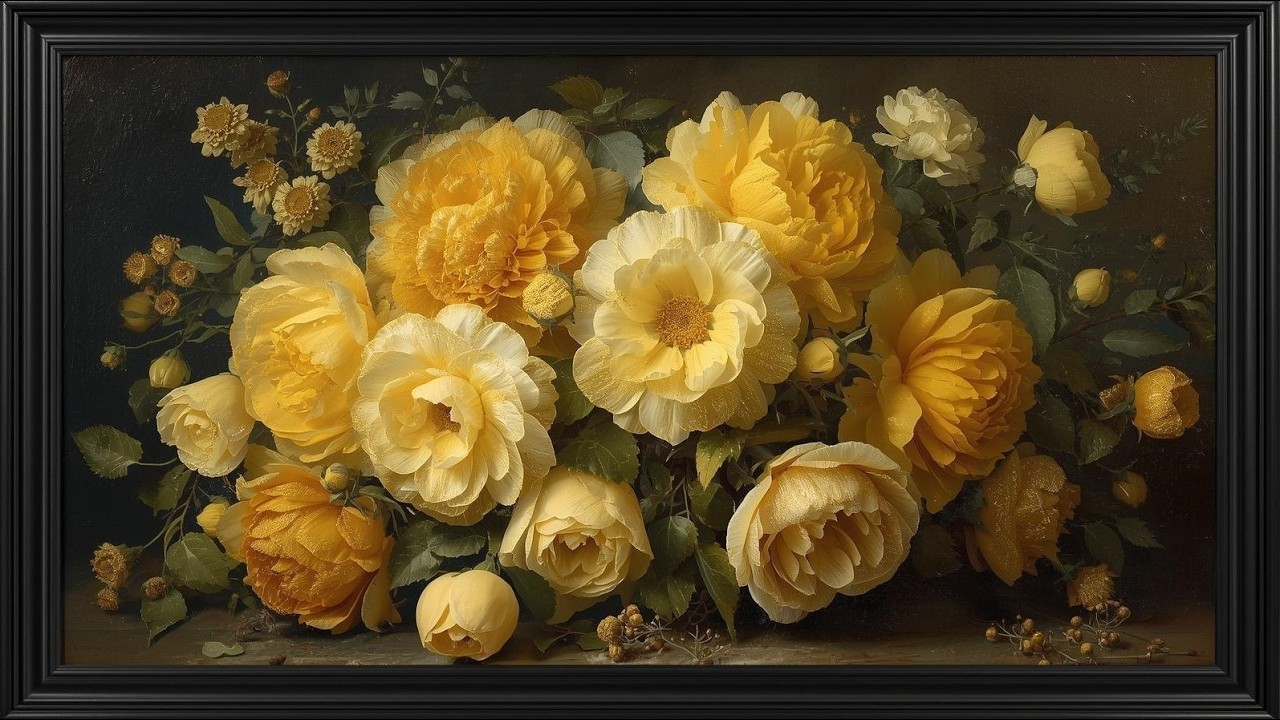 Golden Ivory Roses 🌼 Framed Luxury Floral Art for TV | Elegant Calm Wall Art 4K