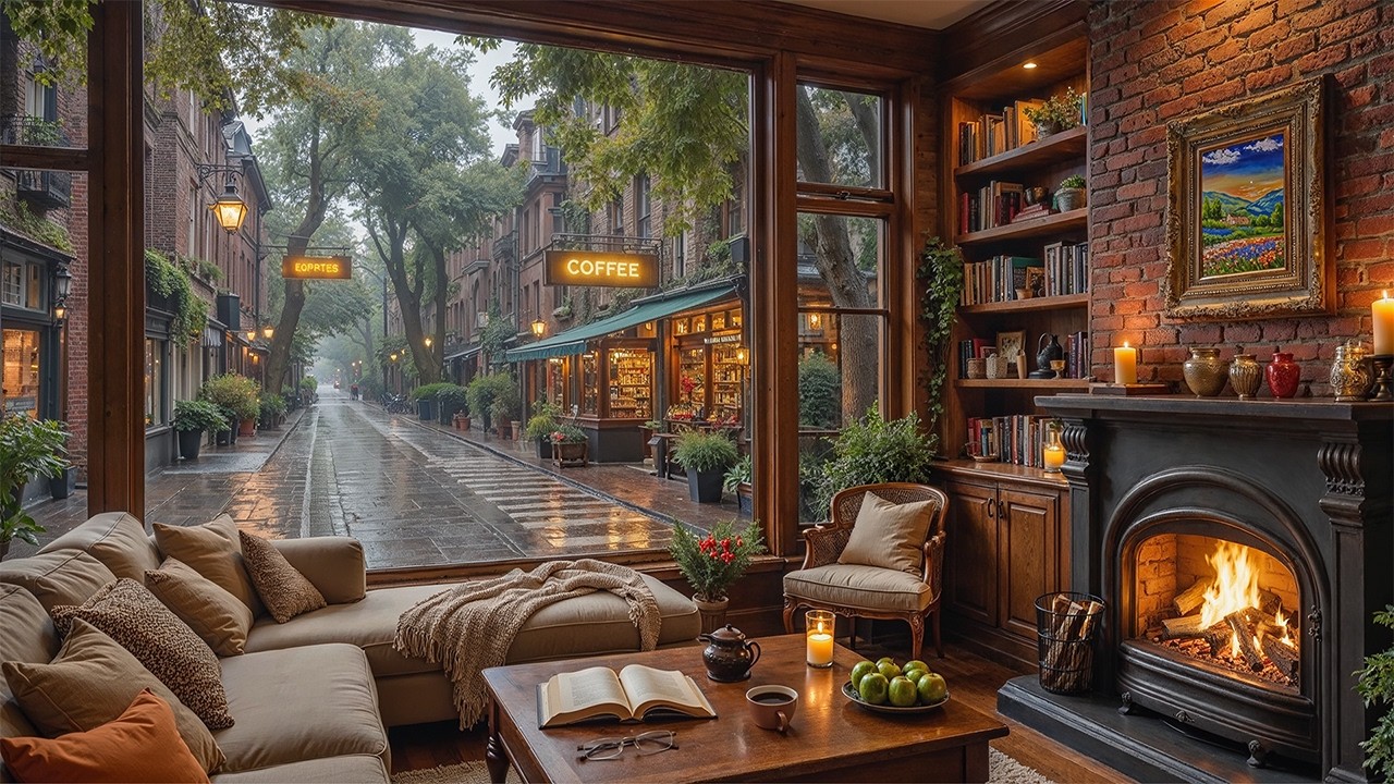 Beautiful February Rainy Coffee Shop Ambience ☕🔥 Soft Jazz Music & Cozy Fireplace for Study & Work