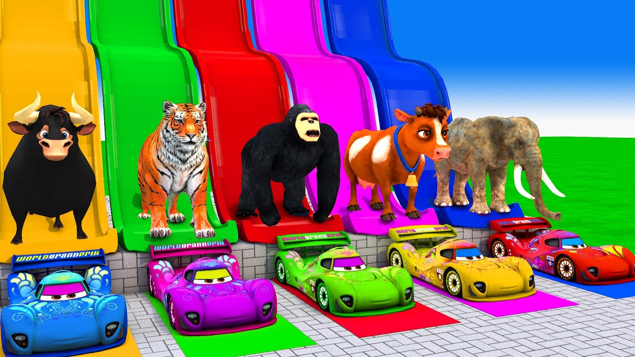 Long Slide Game With Cow Elephant Gorilla Hippopotamus Tiger - 3d Animal Game - Funny 3d Animals