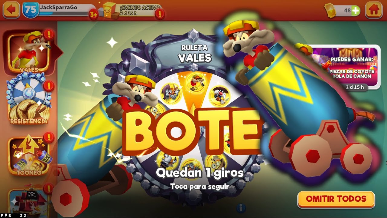 72 TICKETS DORADOS EN RULETAS COYOTE BOLA DE CAÑÓN