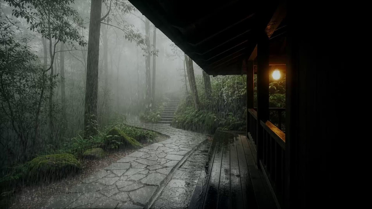 Late night tension – Soft rainfall ambience – Rainy porch scene – Relax slowly 🌙💤