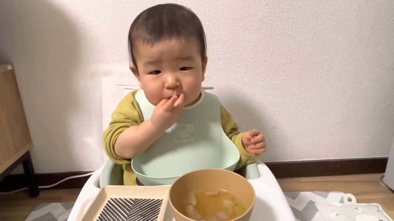 【1歳1ヶ月離乳食】鮭の海苔おにぎりを食べるりっくん【1 year and 1 month baby food】Rikkun eating a salmon rice ball