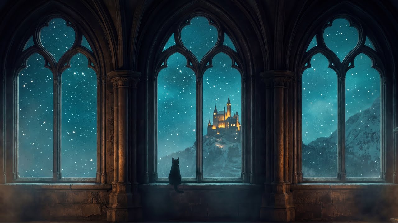 Castle Window 🏰✨ Quiet Night Ambience with Fireplace & Black Cat