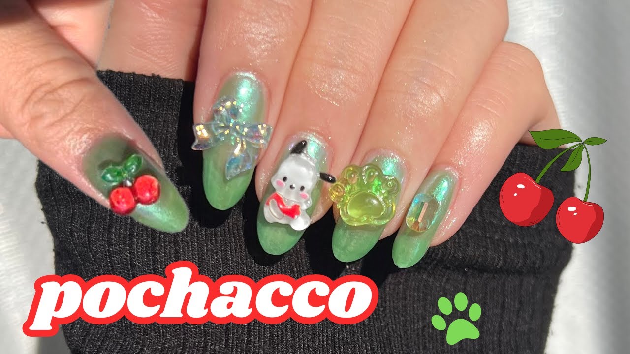💚🍒  Cherry Pochacco Nails | Cute Kawaii Nails w/ Charms ✨🐶