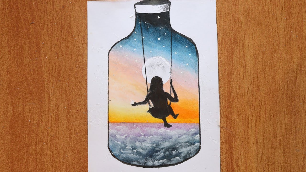 A Girl Swing in Glass Bottle / Oil Pastels Drawing for Beginners / Step by step oil pastel painting
