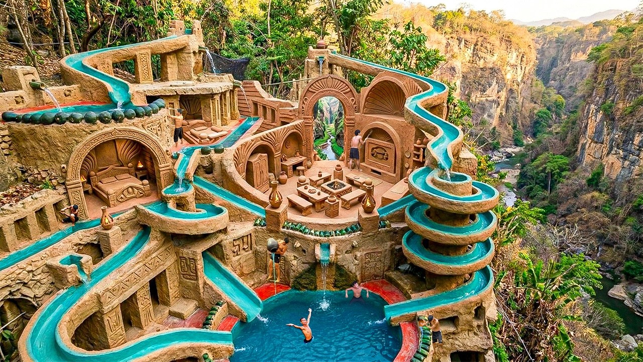 180 Days Building a 3-Story Clay Cave House with Spiral Water Slides & Interior Using Primitive Tool