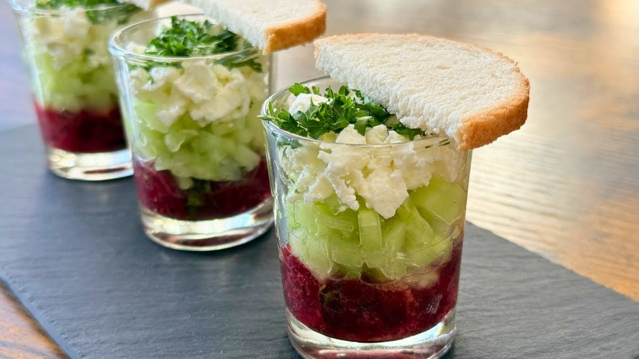 Verrine fraîche : concombre, betterave et fêta