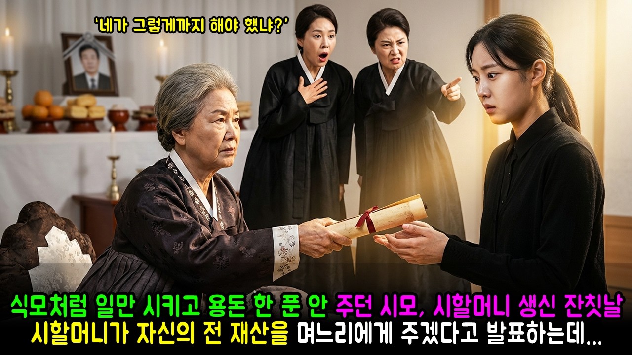 식모처럼 일만 시키고 용돈 한 푼 안 주던 시모, 시할머니 생신 잔칫날 시할머니가 자신의 전 재산을 며느리에게 주겠다고 발표하는데...