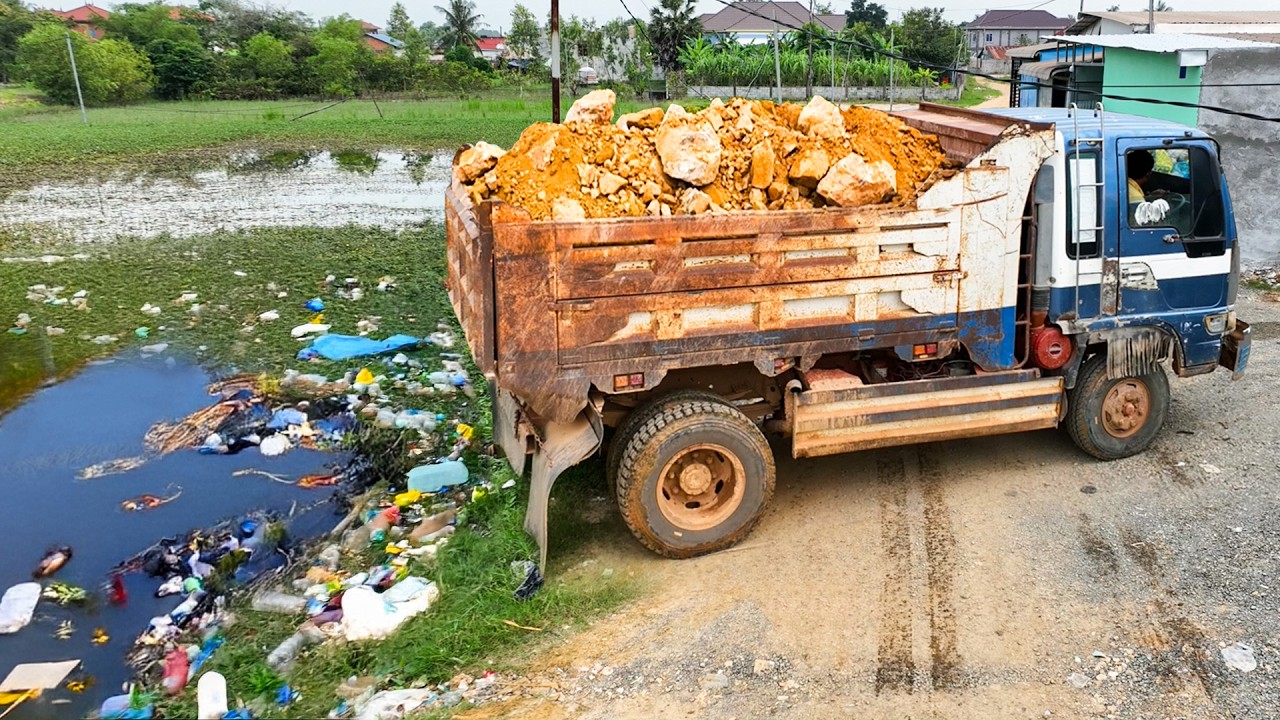 First Amazing Opening Project.! Landfill Delete Flooded Using Skills Dozer Pushing Stone Into Water