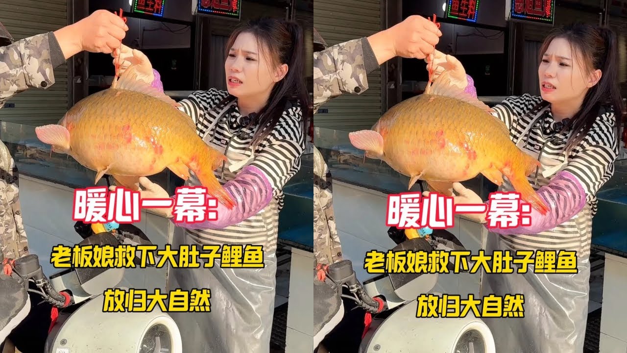 暖心一幕：老板娘救下大肚子鲤鱼，放归大自然