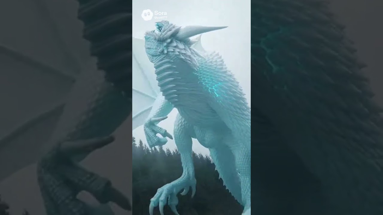 A giant white ice titan dragon stands in a misty forest valley. 