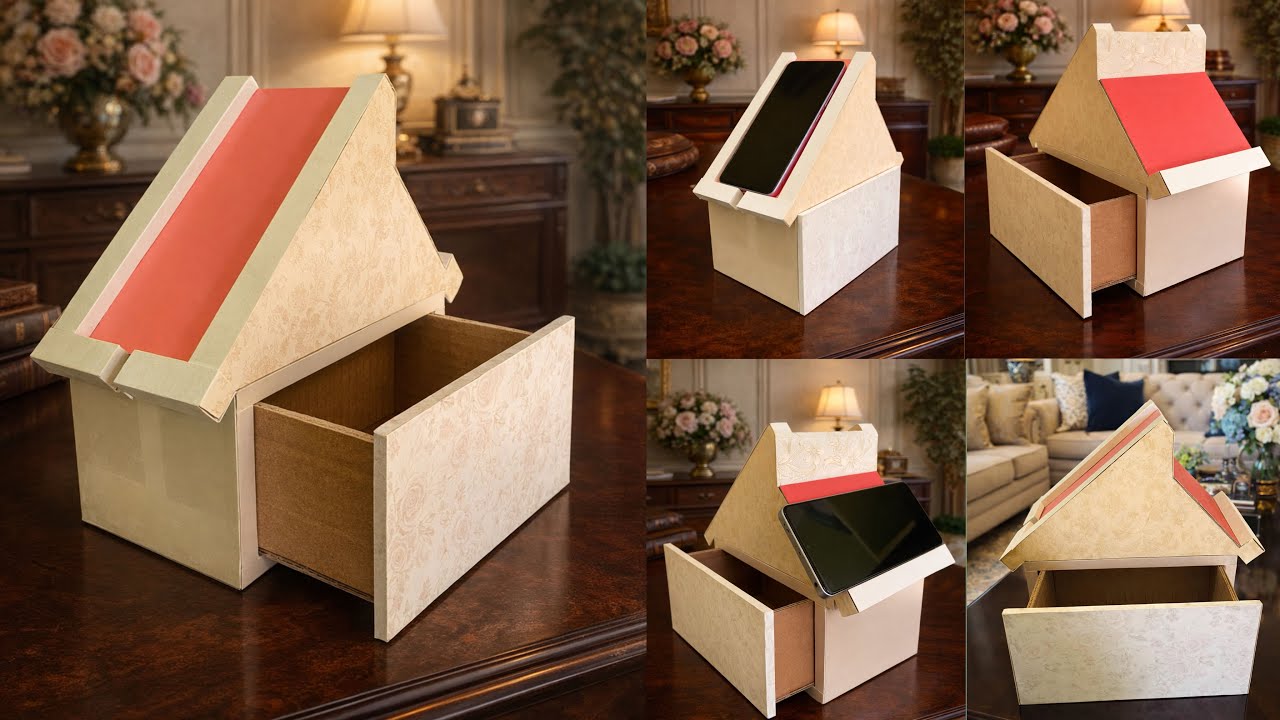 DIY Desktop Organizer With Mobile Stand From Cardboard || Paper Craft Idea || Cardboard Craft Idea |
