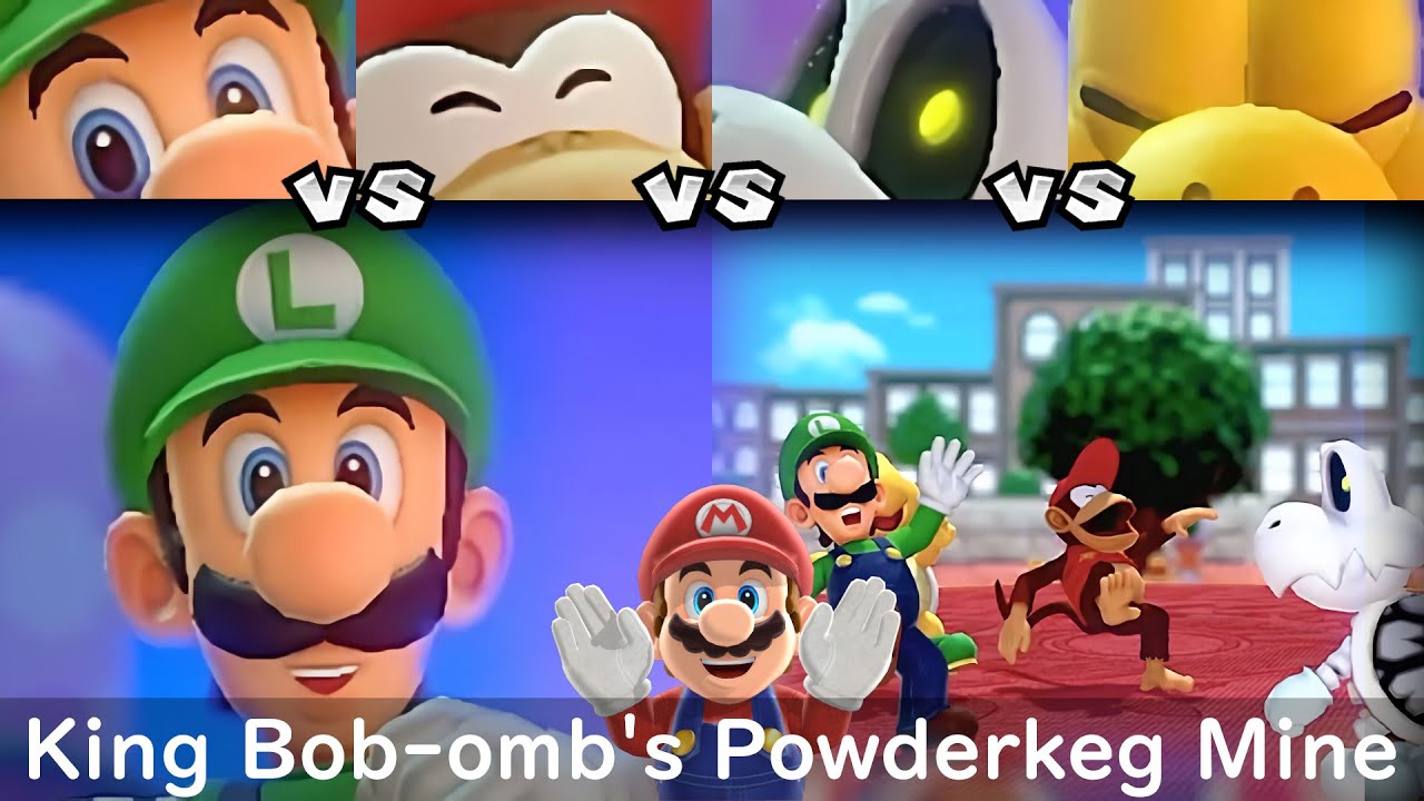 Super Mario Party Luigi vs Diddy Kong vs Dry Bones vs Koopa Troopa #90 King Bob omb's Powderkeg Mine