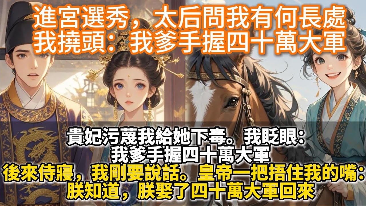 完結搞笑甜文：進宮選秀，太后問我有何長處，我撓頭：我爹手握四十萬大軍。貴妃污蔑我給她下毒。我眨眼：我爹手握四十萬大軍。後來侍寢，我剛要說話。皇帝一把捂住我的嘴，語氣沉重：朕知道，朕娶了四十萬大軍回來