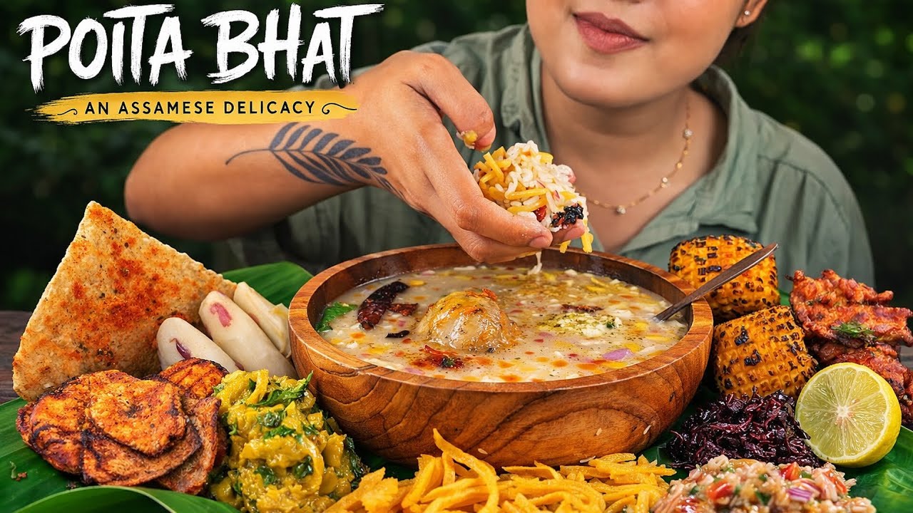 EATING VERY SPICY PANTA BHAT | SPICY POITA BHAT WITH DIFFERENT BHORTA, SAAG, ALOO BHAJA, PAPAD ASMR