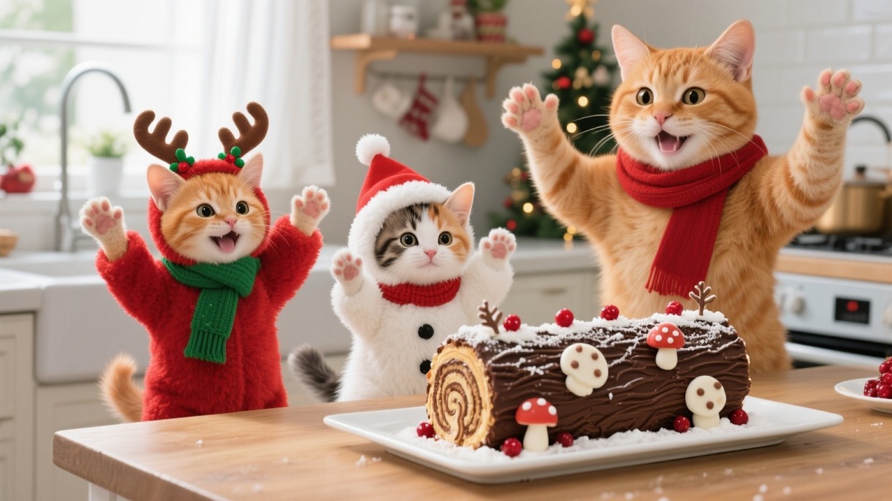 🐱🎄 Самое уютное Рождество: милая кошачья семья печёт рождественский торт в виде полена для друзей...