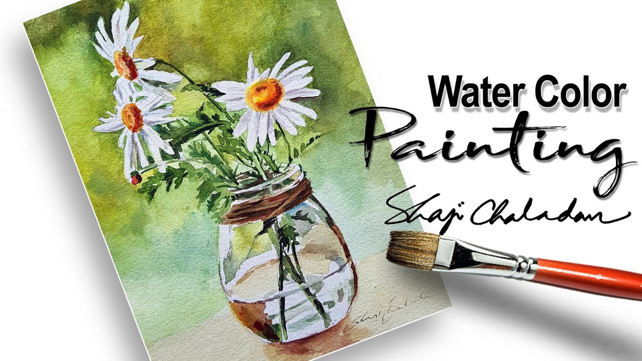Watercolor Still-life painting | Daisy in Glass Vase |  Primary Colors Only